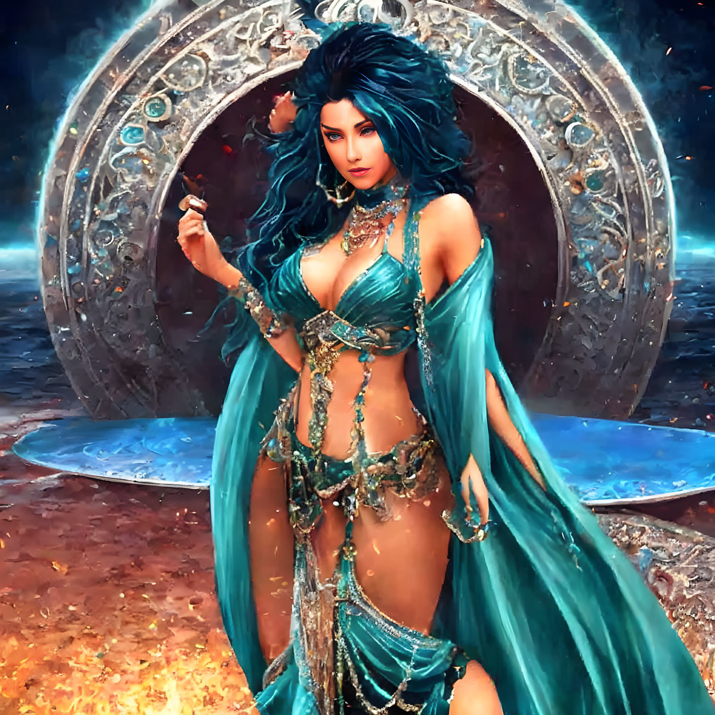 Blue-haired fantasy character in ornate setting with golden jewelry