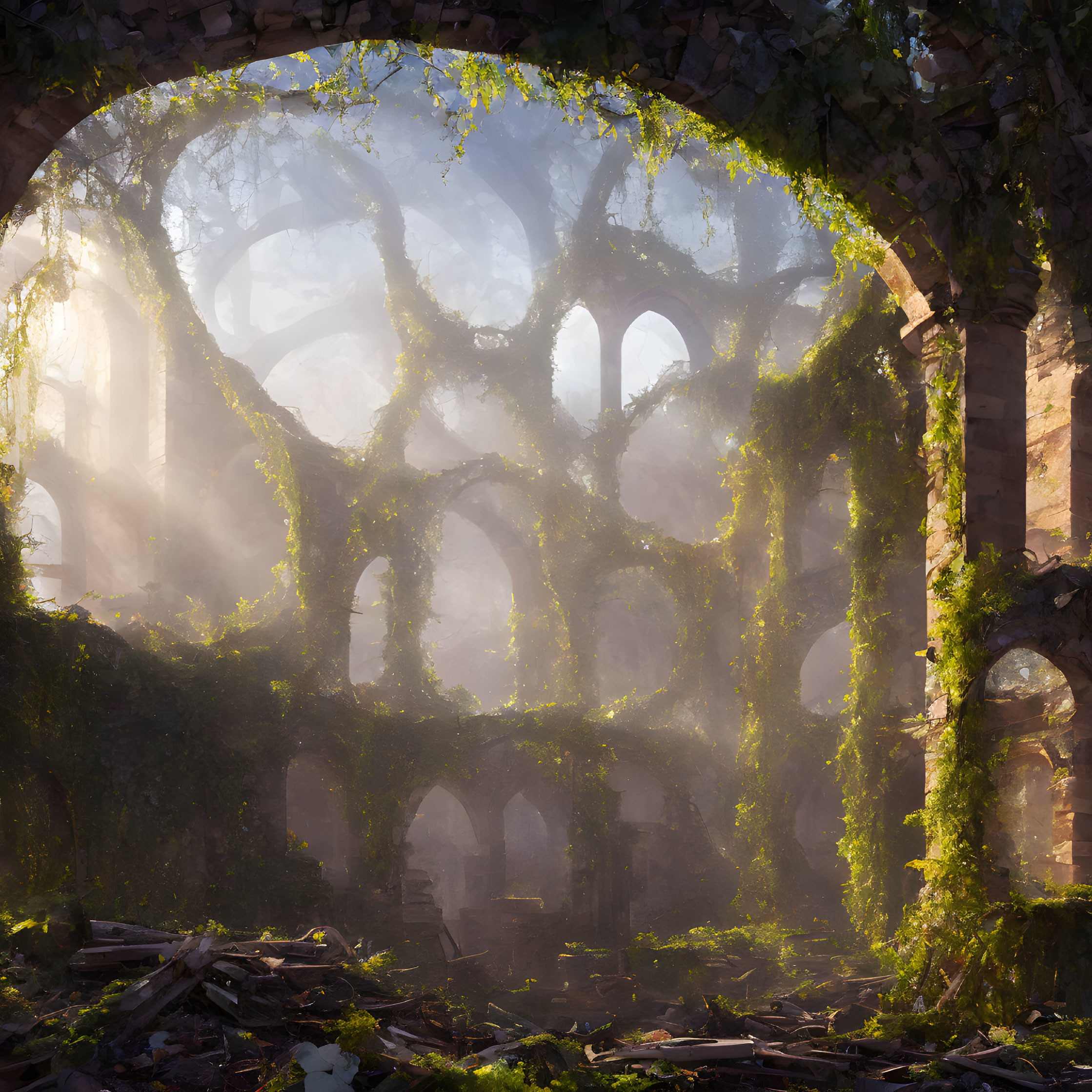 Sunlight filters through ivy-draped ruins of a Gothic church, creating mystical ambiance.