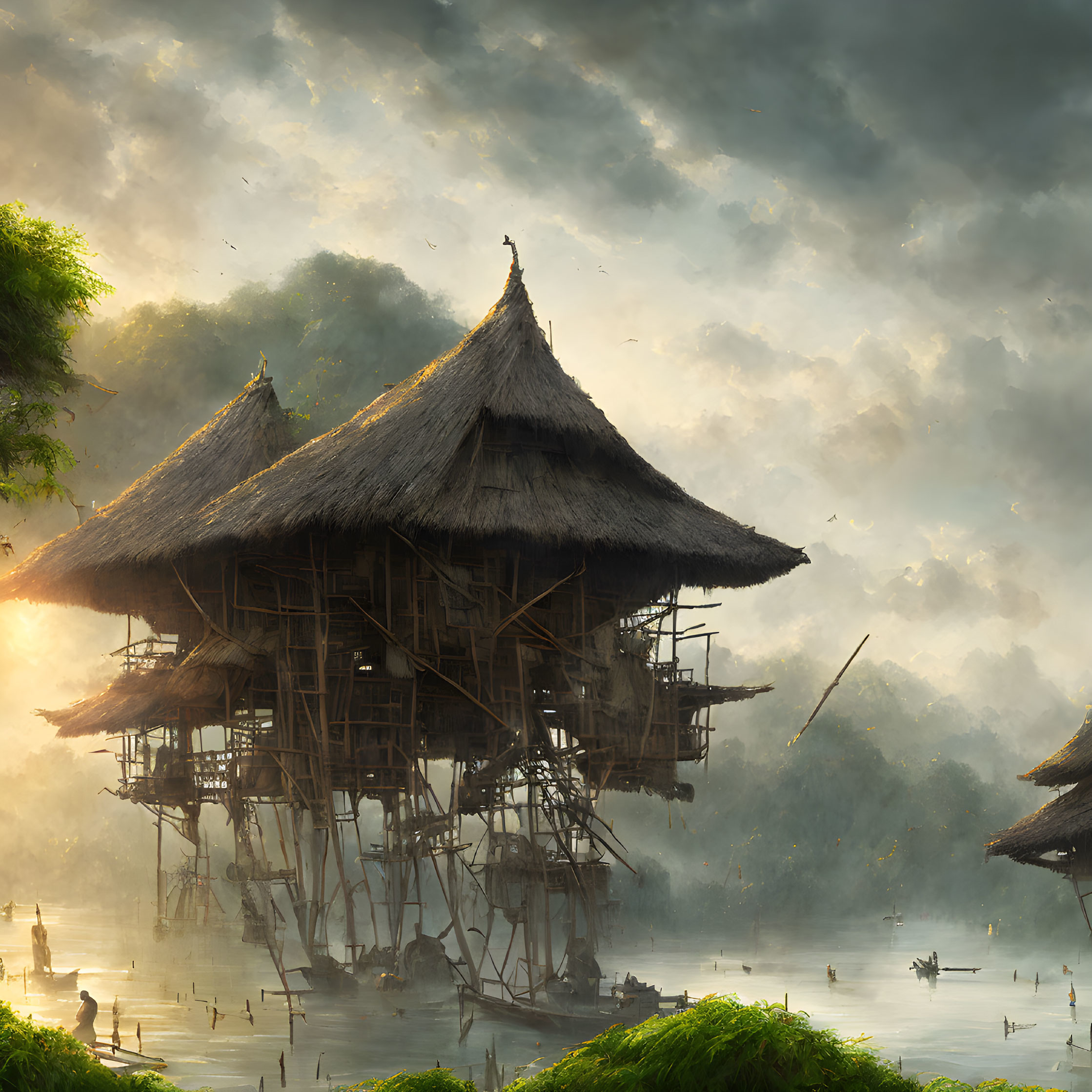 Riverside Thatched Huts in Misty Sunlit Jungle
