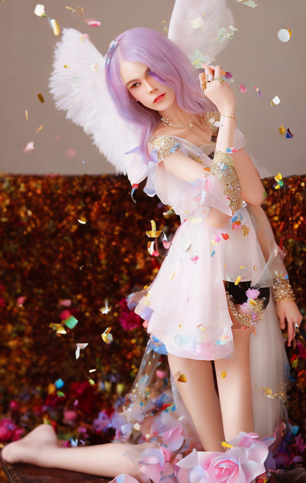 Purple-haired person with angel wings in sparkly white dress amidst falling confetti and rose petals