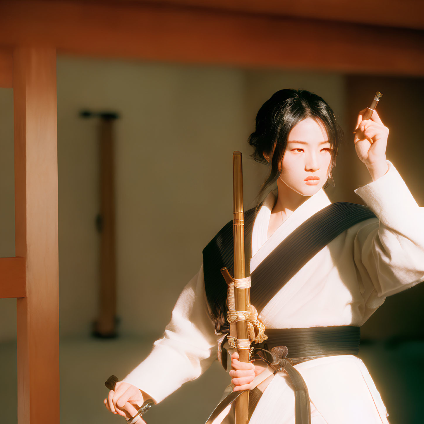 Traditional Attire Person with Sword in Sunlit Room