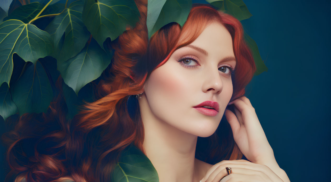 Red-Haired Woman Among Green Leaves on Dark Background