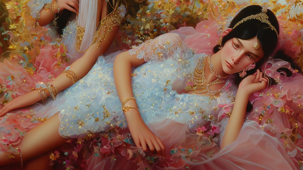 Woman in Blue Dress Surrounded by Pastel Flowers and Gold Jewelry