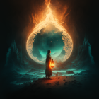 Mysterious figure with lantern at fiery portal under starry sky