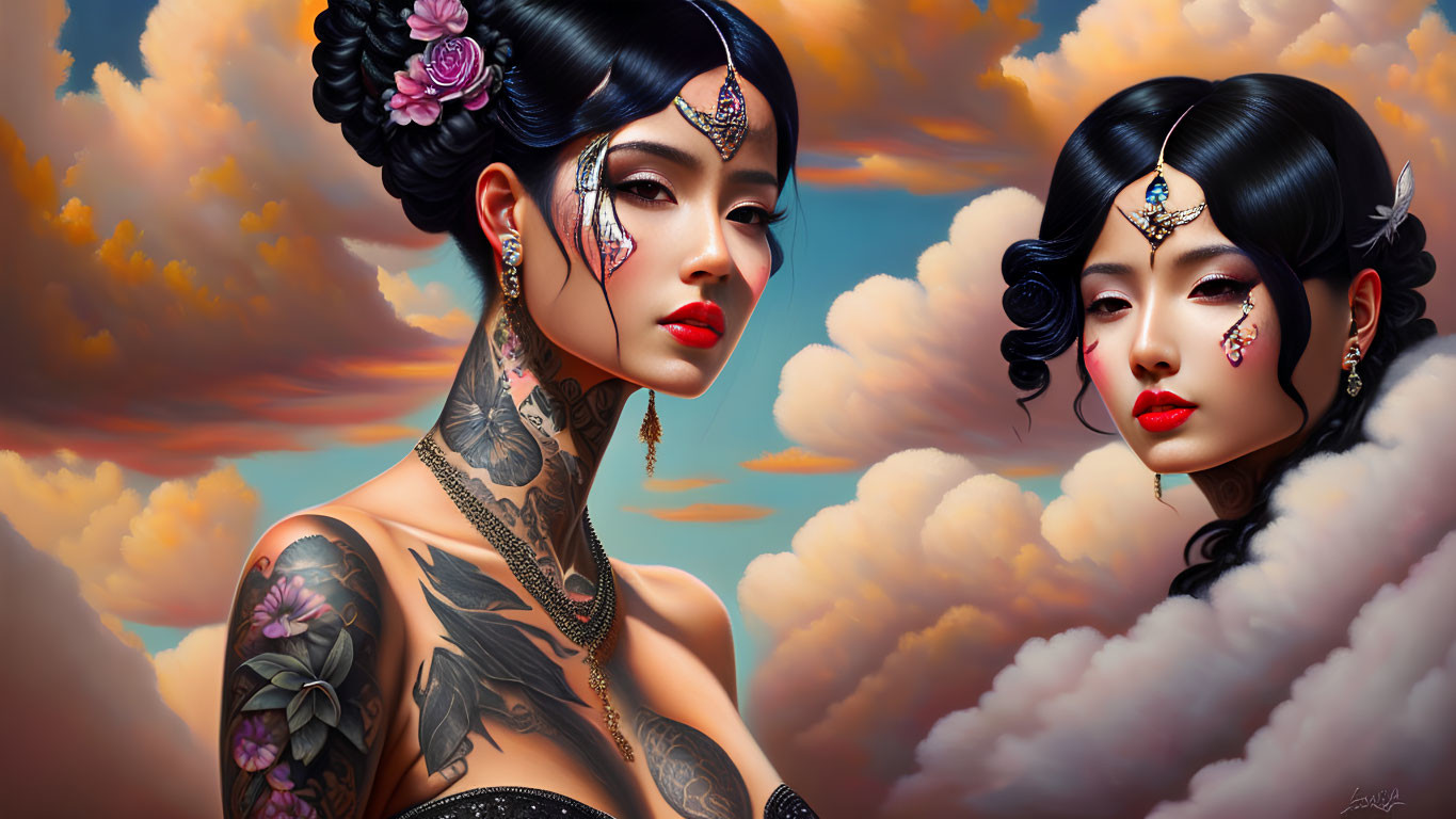Stylized women with intricate tattoos and ornate headpieces under dramatic sky