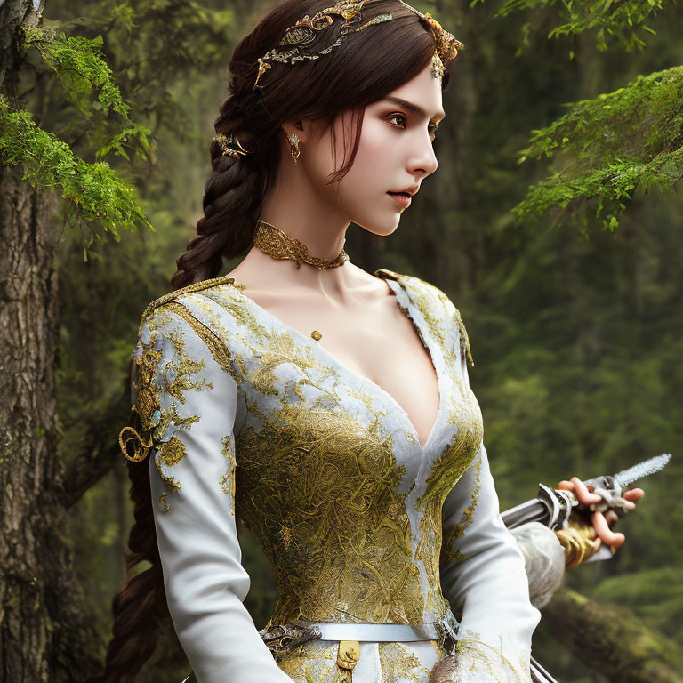 Female warrior digital artwork in embroidered dress with sword, forest background