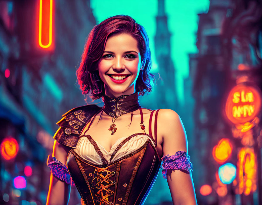 Smiling woman in steampunk outfit with pixie cut in futuristic city.