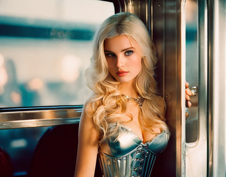 Blonde woman in corset gazes out train window in golden light