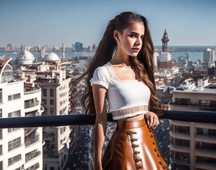 Woman with Long Hair on Balcony Overlooking Cityscape