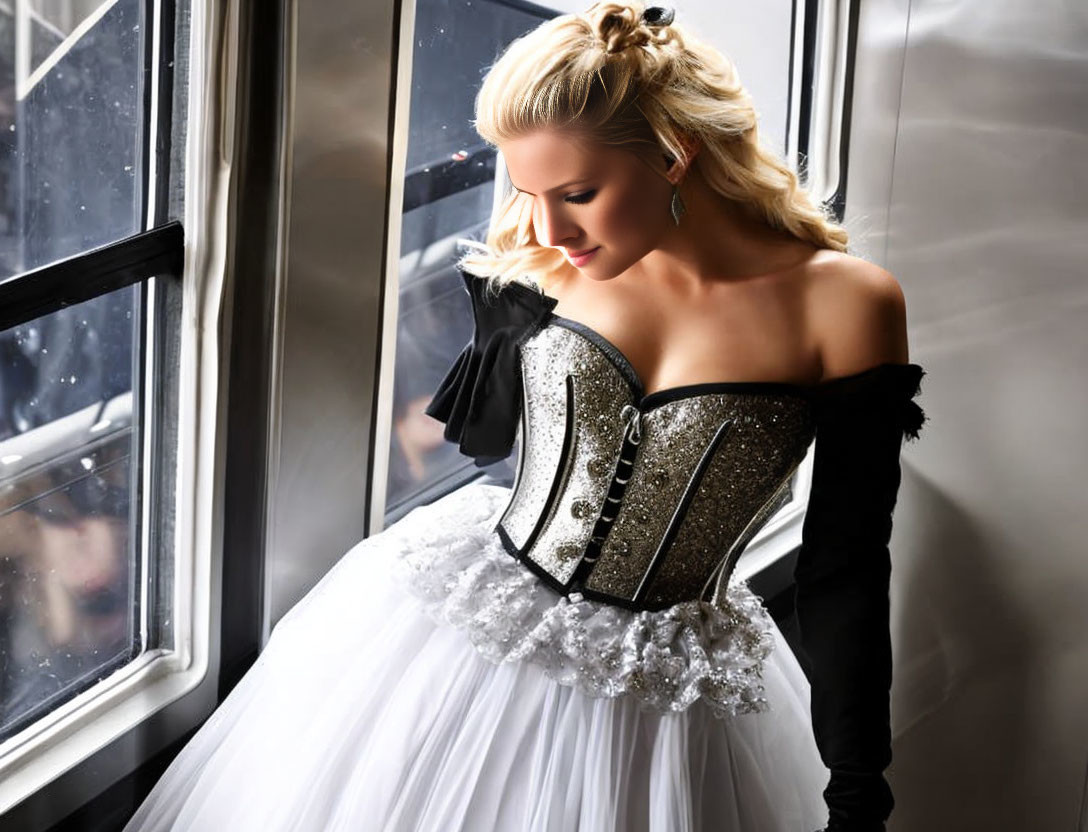 Elegant woman in black and white corset dress with off-shoulder design poses by window