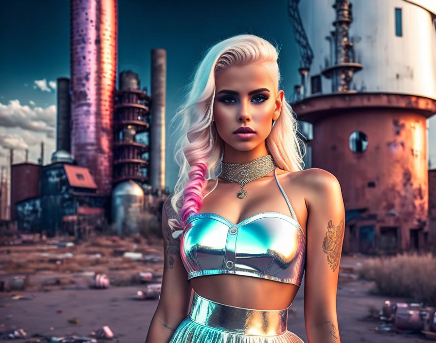 Platinum blonde woman with tattoos in metallic top against industrial backdrop
