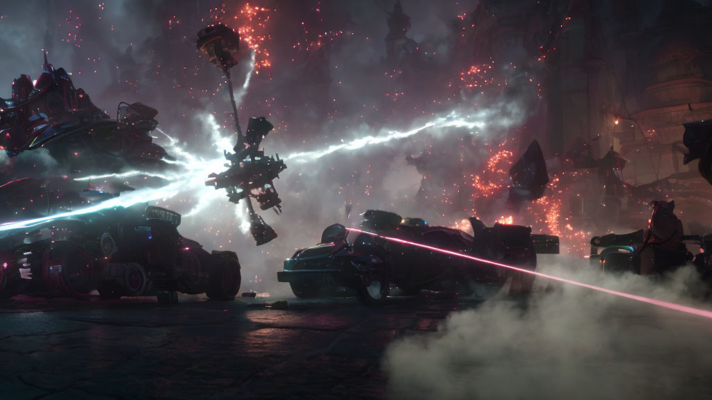 Sci-fi battle scene: vehicles in mid-air, energy beams, alien city backdrop