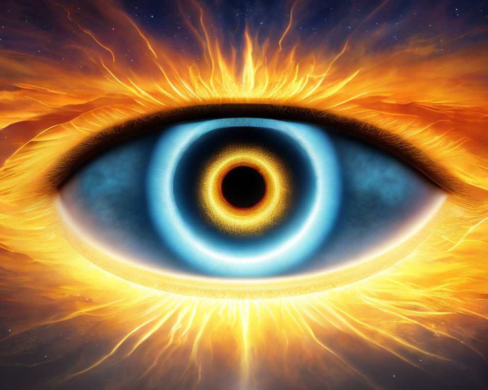 Vibrant digital artwork of cosmic eye with fiery explosion and celestial bodies