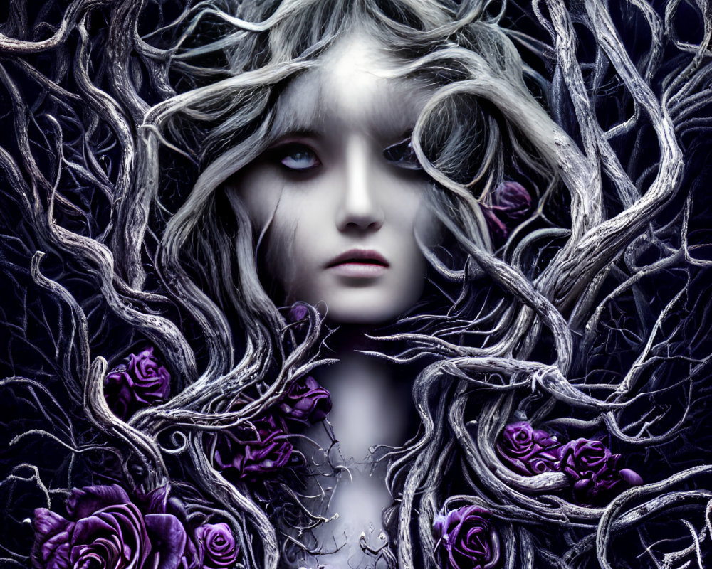 Pale Face with Piercing Eyes Surrounded by Dark Branches and Purple Roses