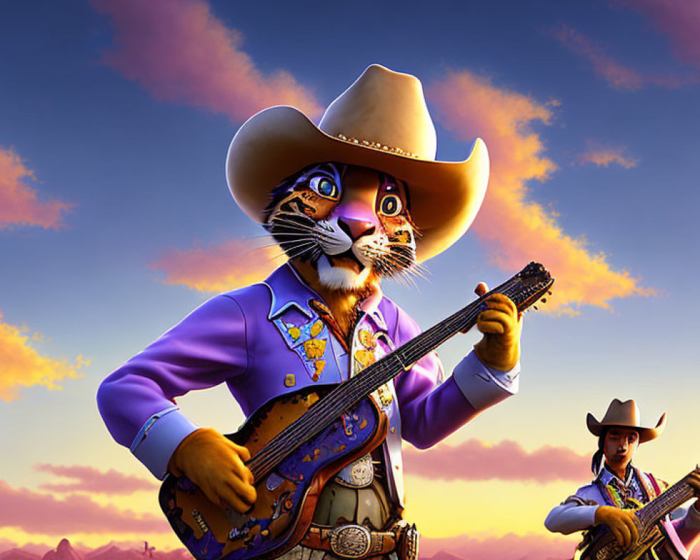 Cowboy cat playing guitar at sunset with background character