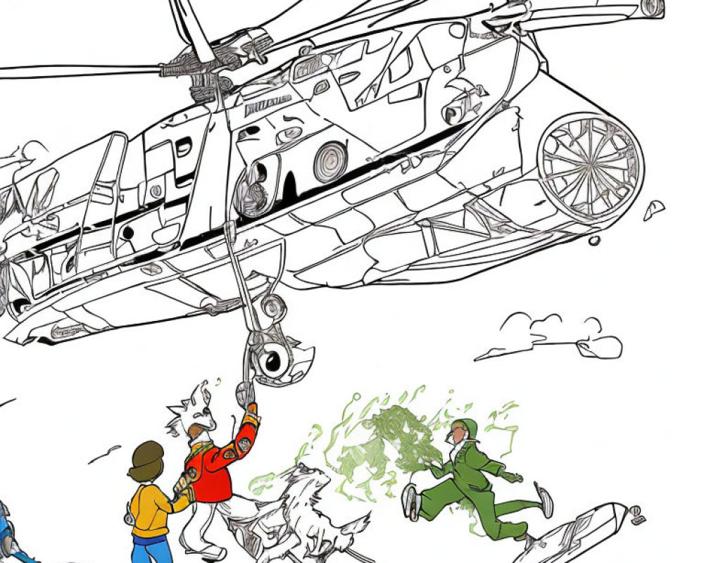 Monochrome illustration of chaotic helicopter scene with car and people