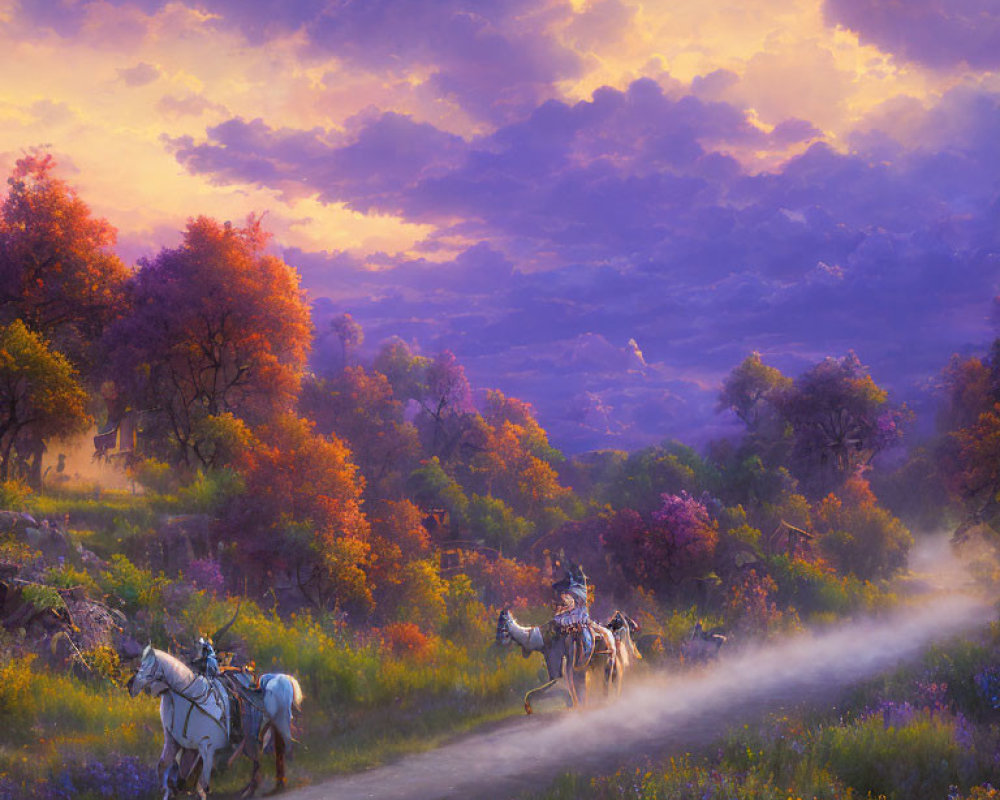 Horse-drawn carriage in blooming sunset landscape