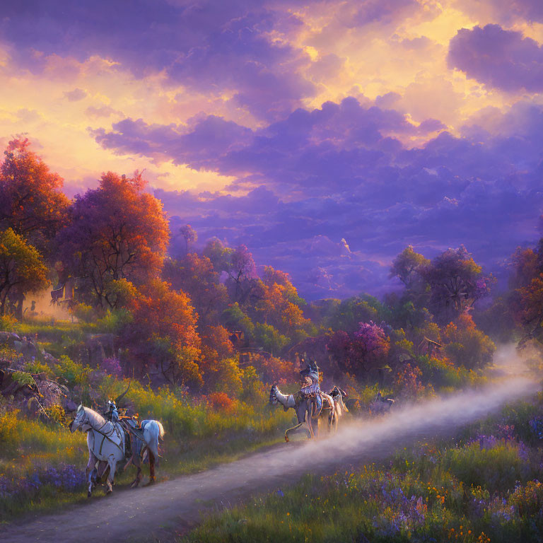 Horse-drawn carriage in blooming sunset landscape