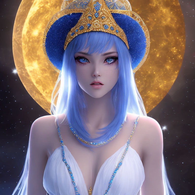 Digital artwork featuring woman with pale skin, blue eyes, and long blue hair in ornate headdress