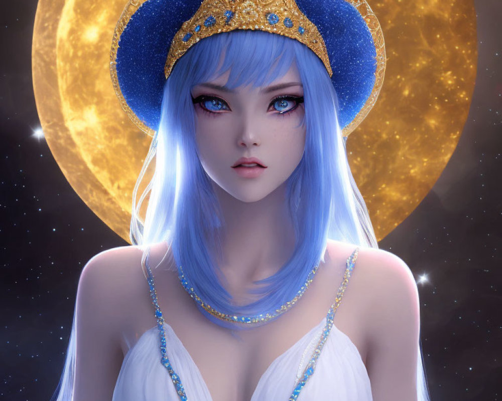 Digital artwork featuring woman with pale skin, blue eyes, and long blue hair in ornate headdress