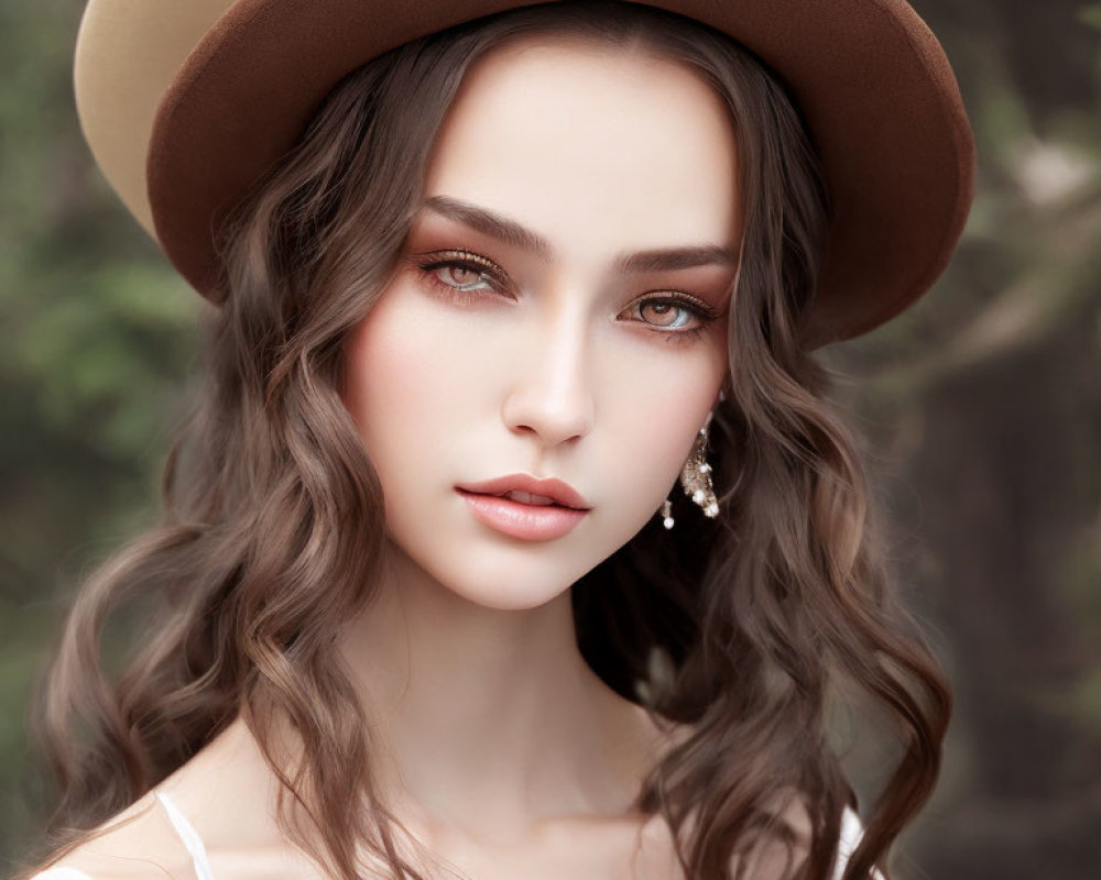 Portrait of Woman with Wavy Hair, Brown Hat, Eye Shadow, and Earrings