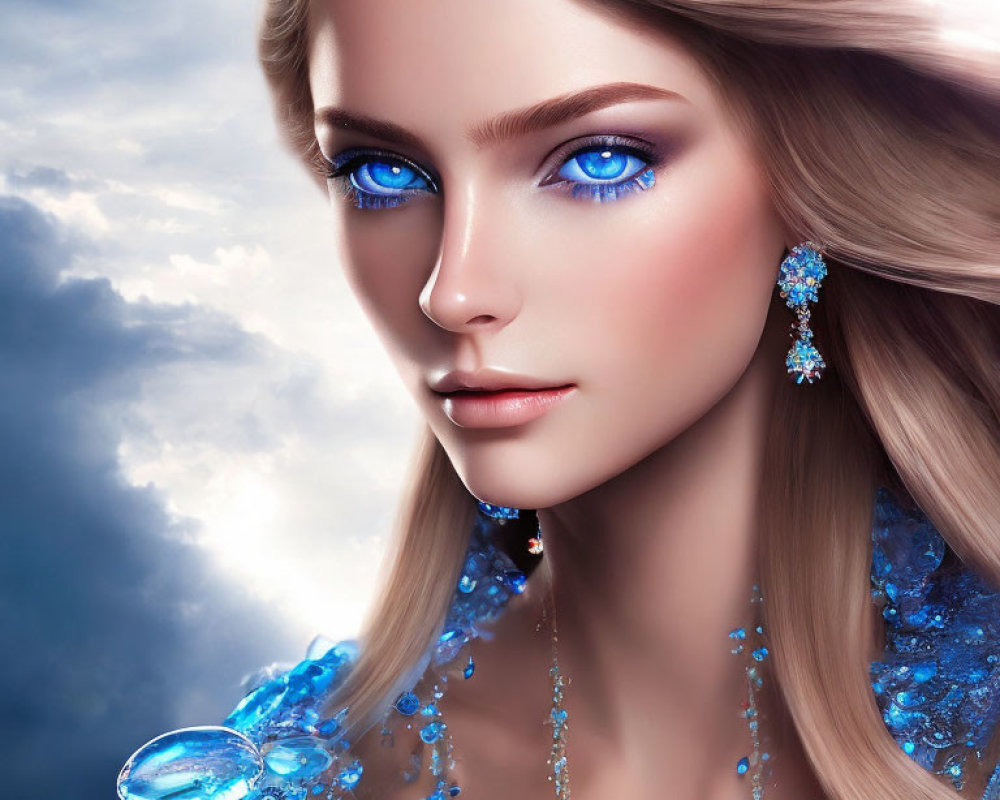 Digital artwork: Woman with blue eyes, blonde hair, gemstone jewelry