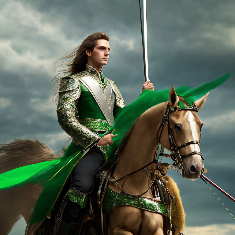 Figure in green armor on horseback with lance under stormy sky