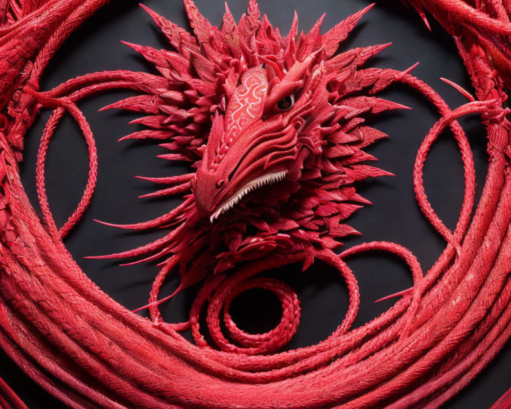 Detailed Red Dragon Sculpture Surrounded by Swirling Textures