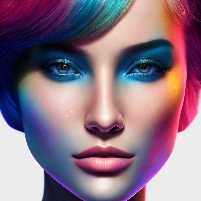 Vibrant rainbow-colored makeup on person with blue eyes & multicolored hair