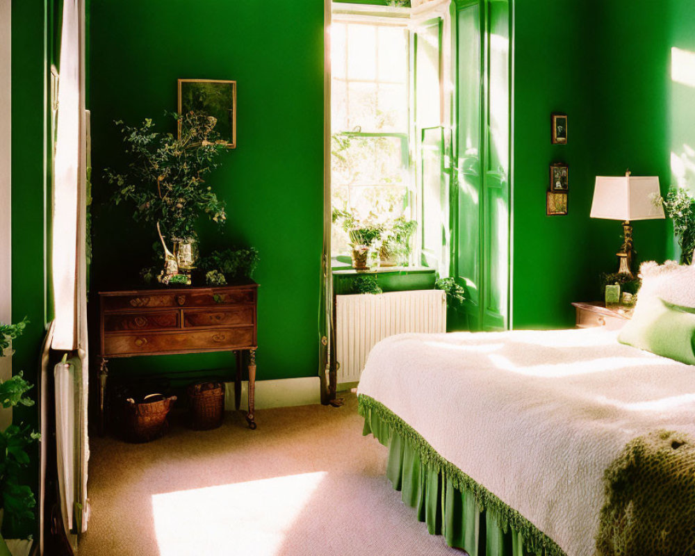 Bright Sunlit Bedroom with Green Walls, Window, Plants, and Wooden Dresser