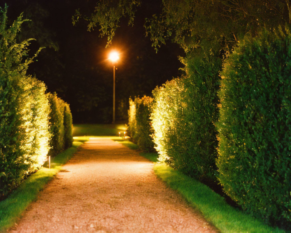 Tranquil night scene with lit pathway and hedges under street lamps