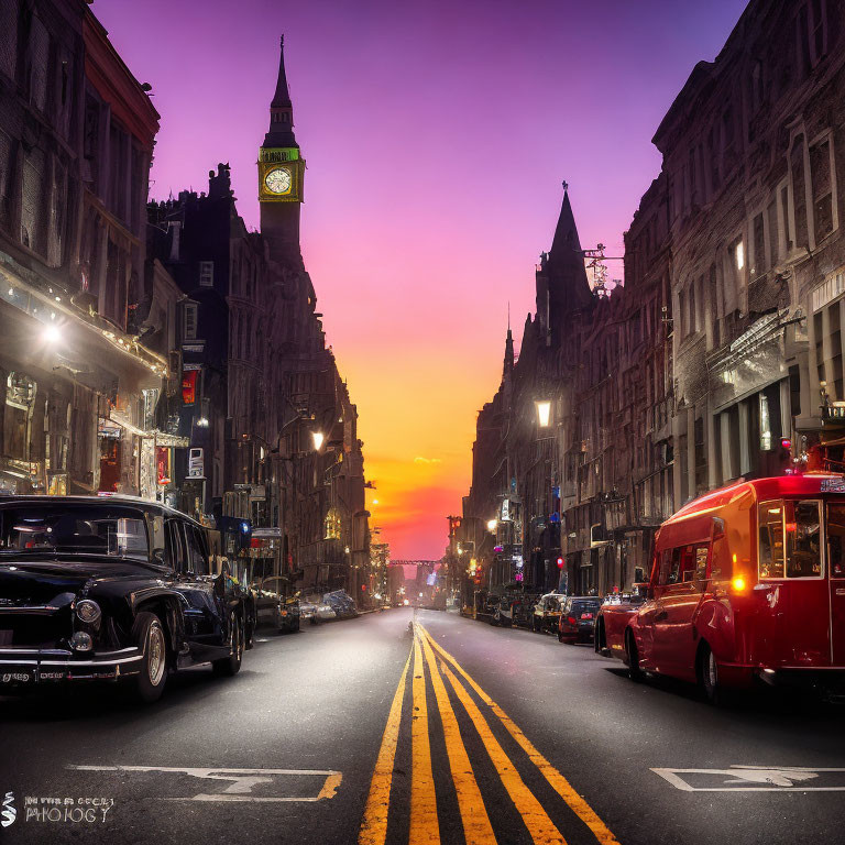 City street at dusk with vintage cars, glowing lights, clock tower silhouette, purple and orange sky