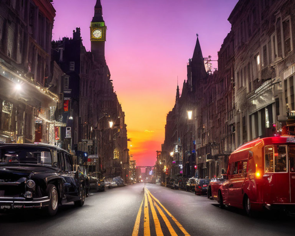 City street at dusk with vintage cars, glowing lights, clock tower silhouette, purple and orange sky