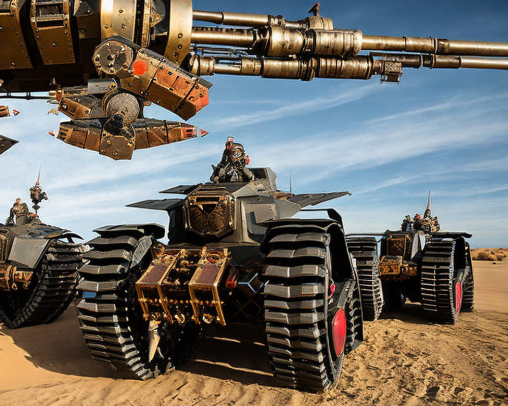 Armored tanks with large cannons in futuristic desert scene