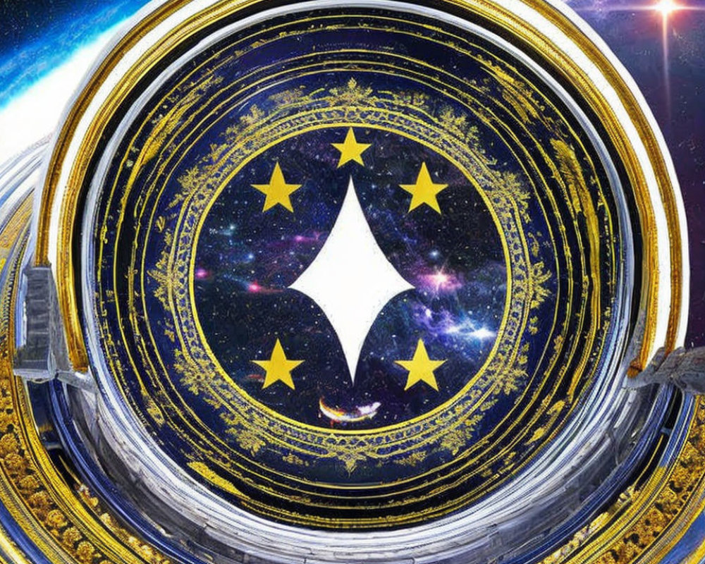 Circular Sci-Fi Emblem with Star Symbol & Golden Patterns