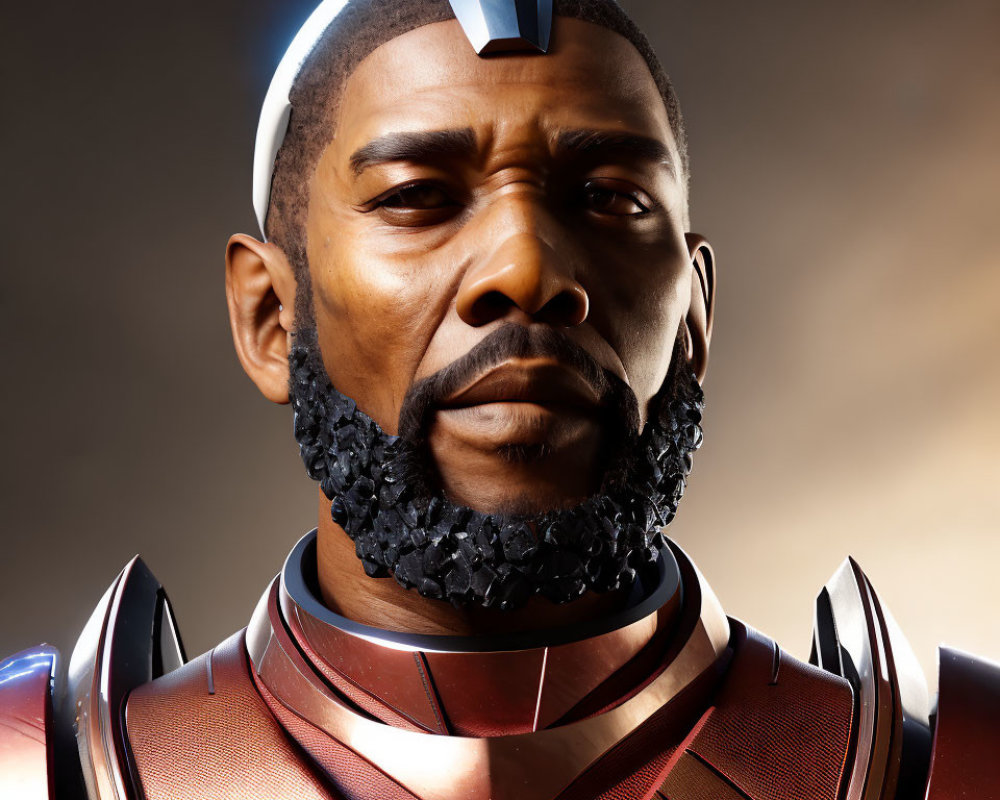 Bearded man in futuristic armor with glowing blue headpiece on amber background