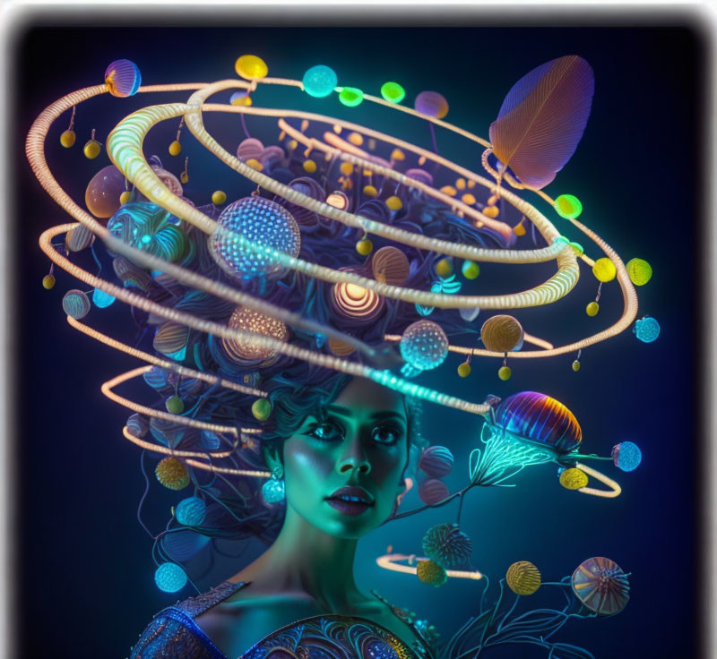 Woman with glowing orbit-like structures and whimsical elements in futuristic headdress