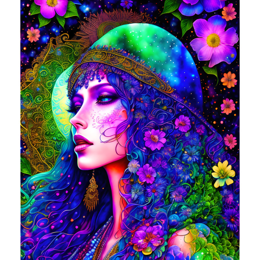 Colorful illustration of a woman with floral and celestial motifs in intricate patterns