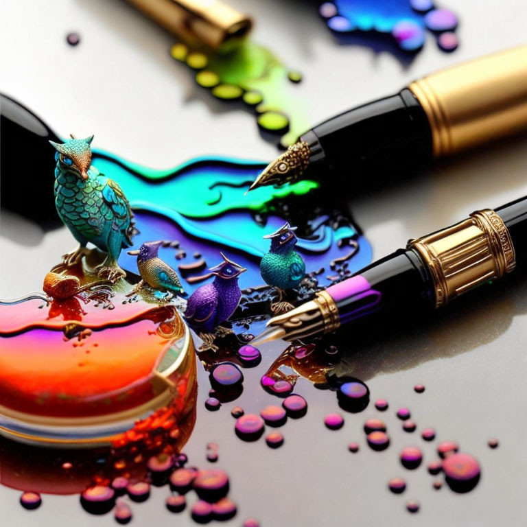 Vibrant ink spills resembling birds near fountain pens on reflective surface
