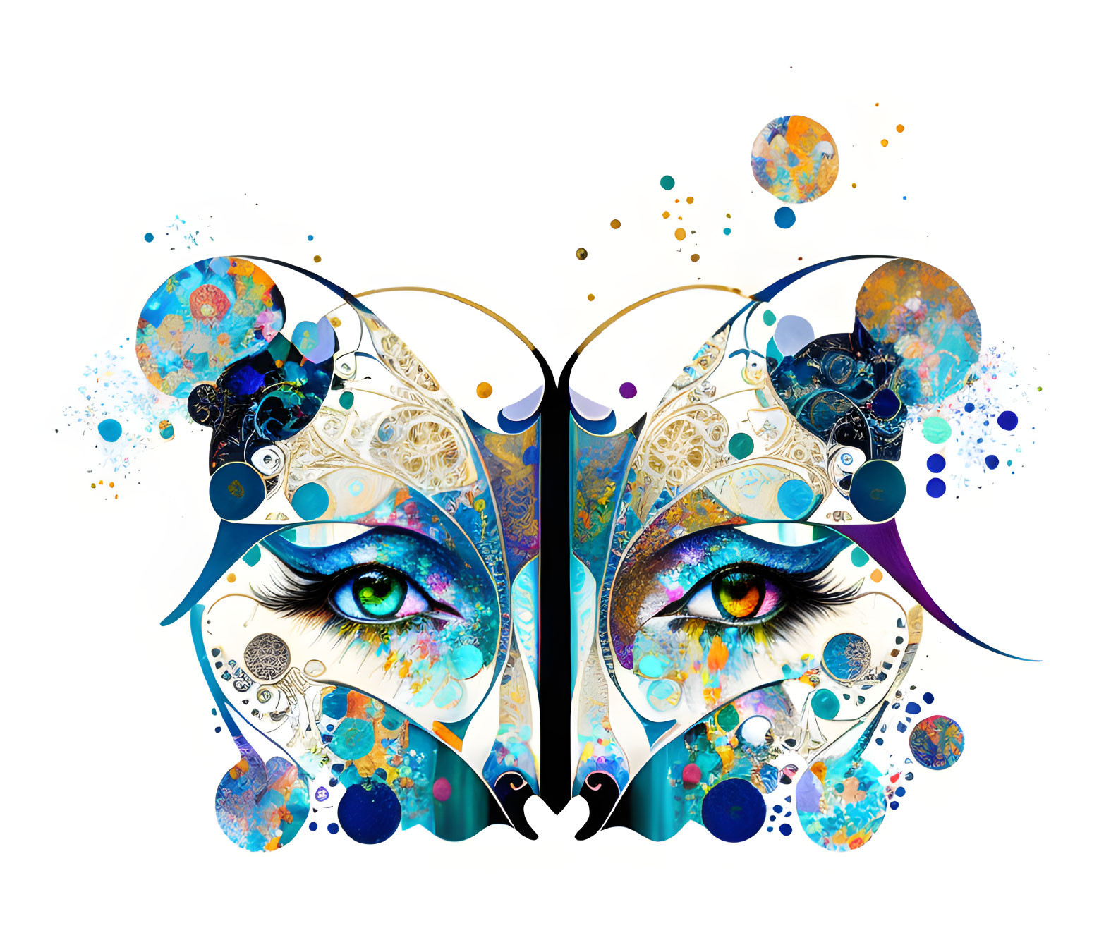 Colorful Abstract Butterfly Illustration with Detailed Eyes and Paint Splashes