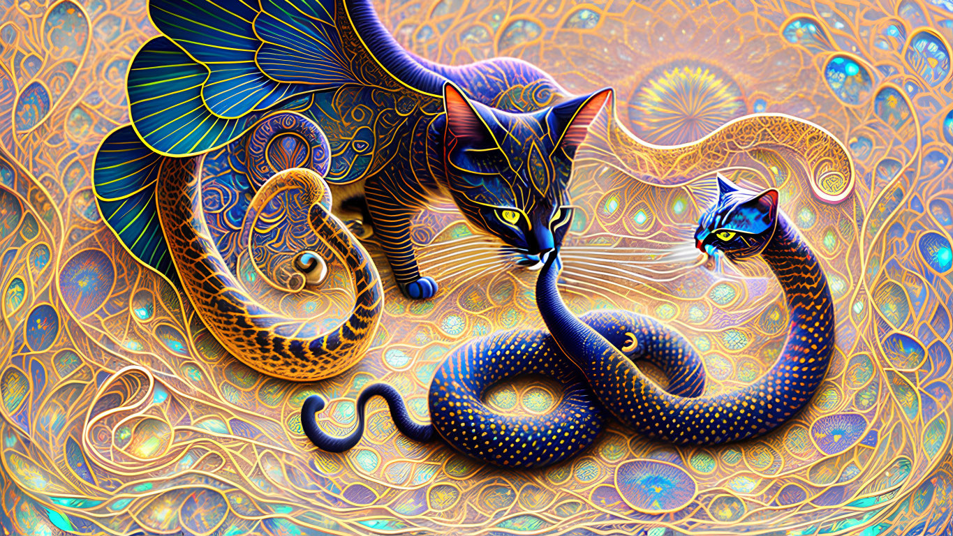 Colorful Digital Artwork: Two Stylized Cats on Psychedelic Background