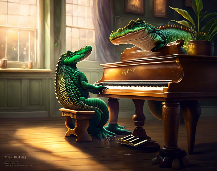Anthropomorphic alligators playing piano duet in vintage room