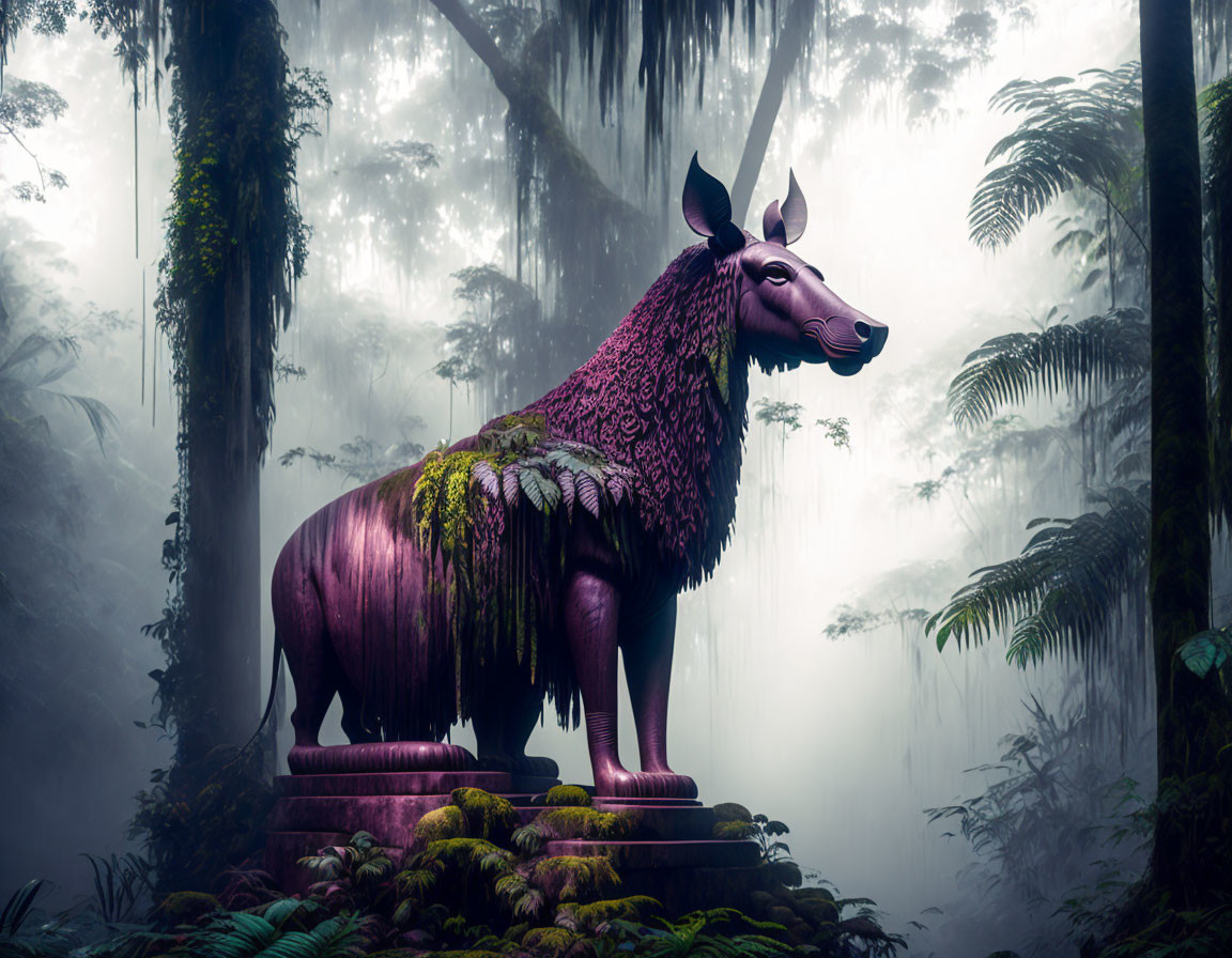 Mystical purple Anubis-like statue in foggy forest with intricate patterns and moss