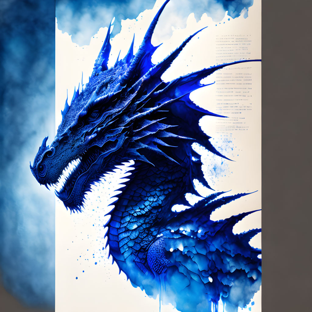 Detailed blue dragon illustration on smoky background with text pages.