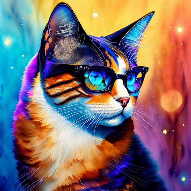 Colorful Cat with Butterfly Wings and Glasses on Bokeh Background