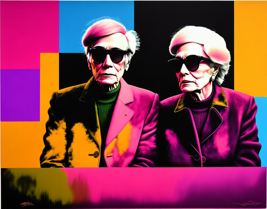 Vibrant pop art style illustration of fashionable older couple