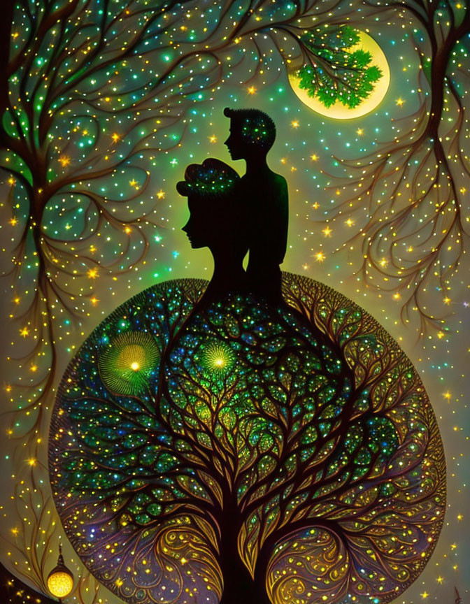 Silhouetted figures on whimsical tree under starry sky
