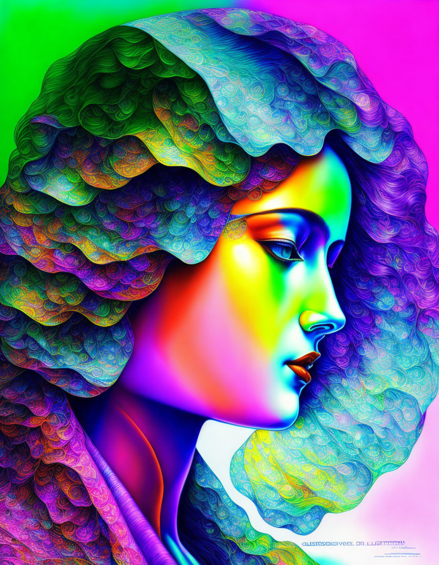Colorful digital art portrait of a woman with intricate patterns and gradient hair.