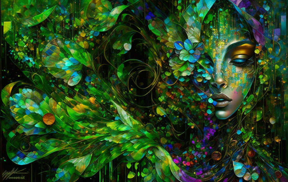 Colorful Digital Artwork: Woman's Face with Foliage and Flowers