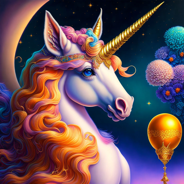 Colorful Unicorn with Golden Horn in Starry Night Sky